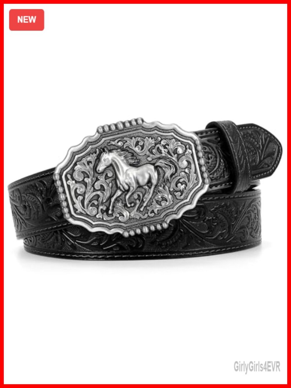 Embossed Leather Western Belt Removable Horse Buckle Cowboy Cowgirl